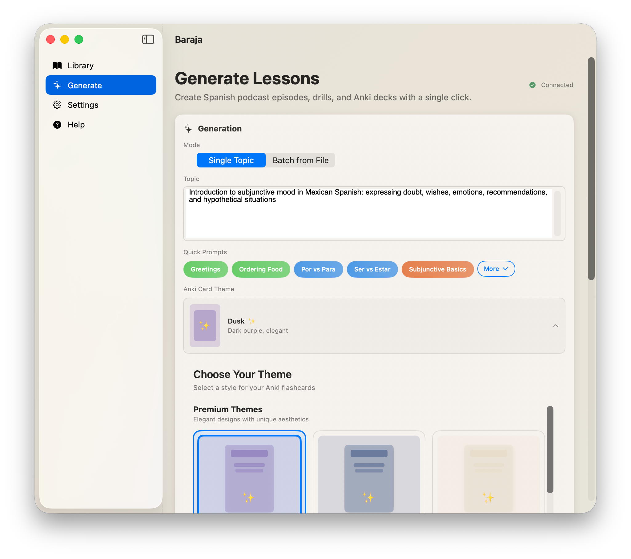 Baraja Generate tab — topic input with quick prompts and Anki theme picker